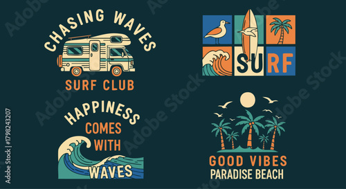 A collection of four vintage-style vector graphics featuring retro surf lifestyle themes like RV camping, surfing, palm trees, and ocean waves