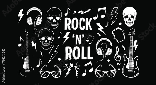 A collection of iconic rock 'n' roll symbols, including guitars, skulls, headphones, lightning bolts, and musical notes, presented in a white on black graphic style for a vintage, edgy aesthetic