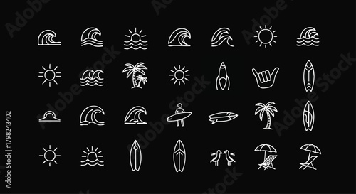 A collection of minimalist surfing and beach icons on a black background. This thin line vector set includes symbols for summer vacation and sport