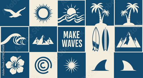 A collection of stylized blue and white vector icons representing summer, travel, surfing, and outdoor adventure themes