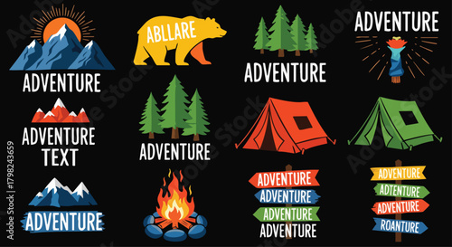A collection of vibrant, flat-design vector graphics celebrating adventure and the outdoors