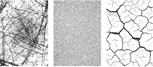 A collection of three monochromatic abstract textures: chaotic scratched lines, a speckled pattern, and cracked earth