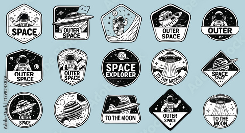 A collection of vintage-style black and white space badges featuring astronauts, UFOs, and planets