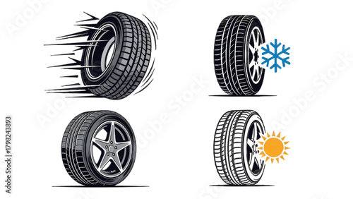 Vector illustration of set of four car tires showing different conditions and motion, isolated on transparent background on a transparent background