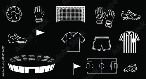 A comprehensive set of linear white icons outlining key elements of soccer, including the ball, net, boots, uniform, and stadium, isolated on black