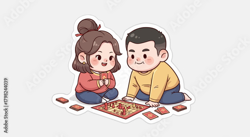 A cute cartoon illustration of a boy and a girl playing a board game together on the floor.