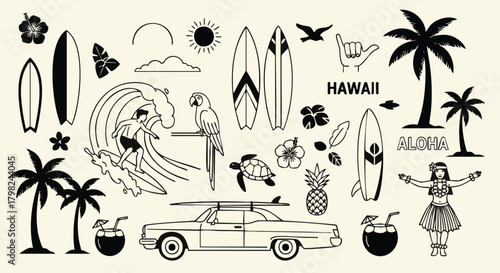 A comprehensive vector collection of Hawaiian and surf culture icons in clean black and white line art. Perfect for summer and travel designs