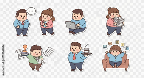 A collection of cute chubby cartoon office worker stickers in various work-related poses and situations.
