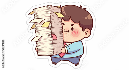 Cute chibi style office worker struggling to carry a huge stack of paperwork and files.