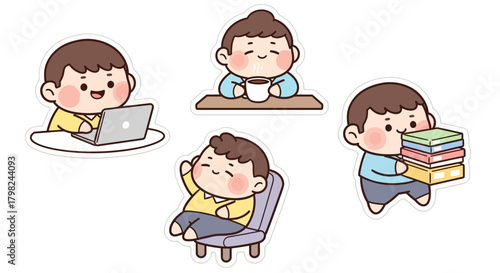 A collection of cute chibi boy character stickers showing daily activities like working on a laptop, drinking coffee, relaxing, and carrying books.