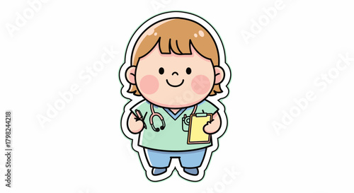 Cute cartoon character of a smiling doctor or nurse in scrubs with a stethoscope and clipboard.
