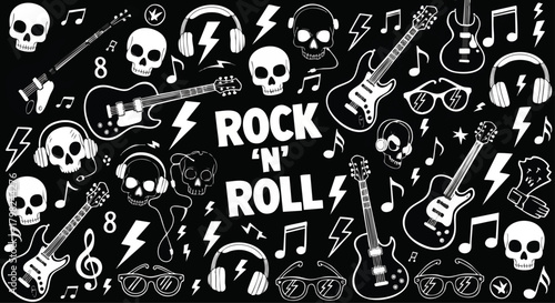 A dynamic black and white vector illustration for rock 'n' roll music culture. Features guitars, skulls, headphones, and musical notes