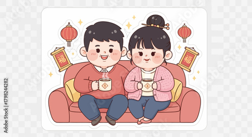 A cute cartoon couple celebrating Chinese New Year on a sofa with hot drinks.