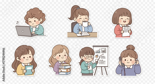 A charming collection of cute cartoon illustrations featuring women in various professional and academic activities.