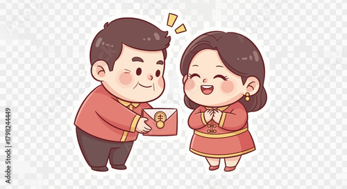 A cute cartoon man in a red jacket gives a lucky money red envelope to a happy woman in a traditional dress.