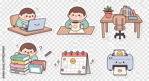 A collection of cute kawaii cartoon stickers depicting office and study activities like using a laptop, reading books, and planning.