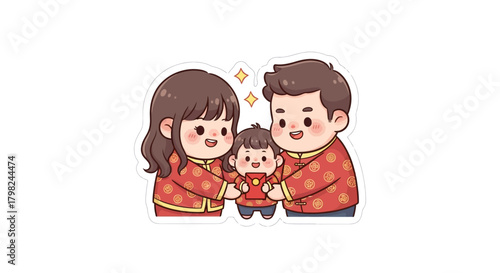 A cute cartoon illustration of a happy Asian family with a mother, father, and child wearing traditional red clothing.