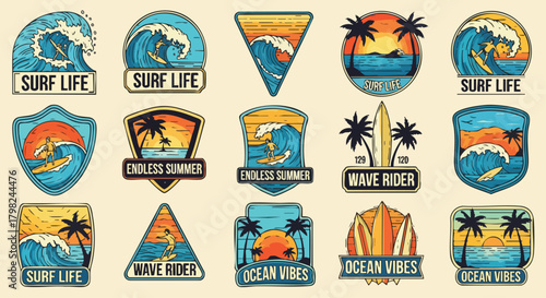 A large collection of colorful, retro surf life emblems and patches featuring surfers, waves, tropical palm trees, and sunsets