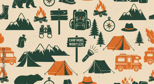 A playful, retro-style seamless pattern featuring camping icons like tents, campfires, mountains, and bears
