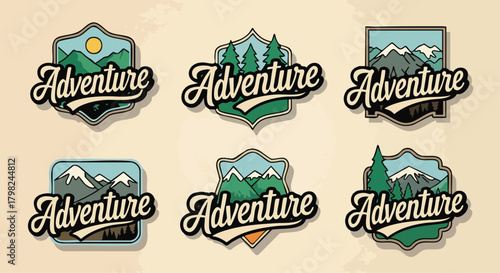 A set of six vintage outdoor adventure badges featuring mountains, trees, and script typography