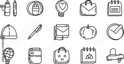 Collection of hand drawn doodle icons representing various objects and concepts
