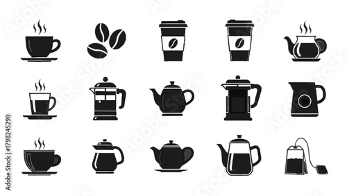 Vector illustration of collection of black icons representing coffee and tea beverages and accessories on a transparent background