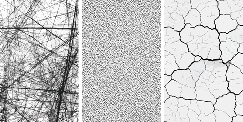 Abstract monochromatic textures including tangled lines, speckled patterns, and cracked earth