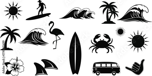 Beach life vector design featuring surfboards, waves, sun, palm trees, flamingo, crab, flower, fins, and van