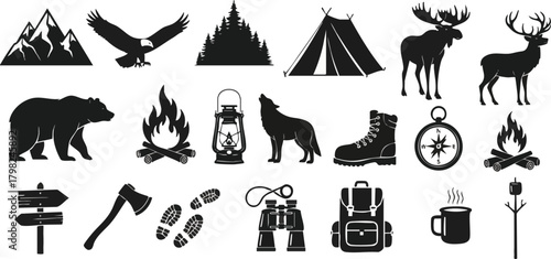 Black silhouette icons for camping, hiking, and wilderness. Features mountains, wild animals, a tent, campfire, and outdoor gear