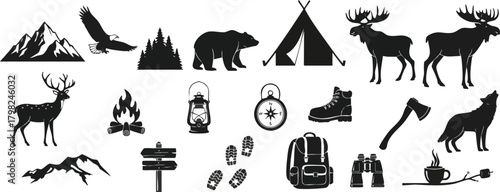 Camping and outdoor adventure vector illustrations. Set includes mountains, animals, tent, compass, hiking boots, axe, bonfire, sign, and more