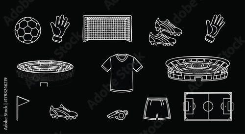 Clean line art icons for soccer and football. Set includes ball, goal, stadium, cleats, gloves, jersey, field
