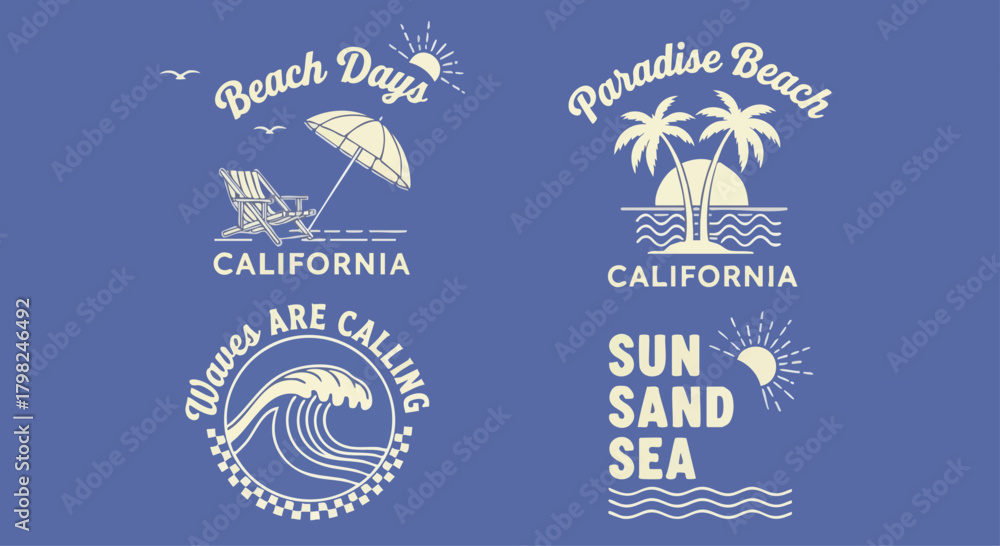 Fototapeta premium Collection of four retro beach graphic designs featuring beach chairs, palm trees, and waves with text like 'Beach Days', 'Paradise Beach', 'Waves Are Calling', and 'Sun Sand Sea'