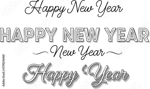 Collection of four different "Happy New Year" typographic designs, featuring elegant script, modern block letters, and decorative shadows