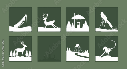 Collection of eight minimalist white silhouette icons representing various outdoor activities and wildlife, perfect for nature or hunting themes