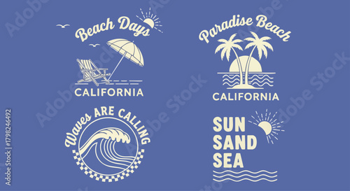 Collection of four retro beach graphic designs featuring beach chairs, palm trees, and waves with text like 'Beach Days', 'Paradise Beach', 'Waves Are Calling', and 'Sun Sand Sea'