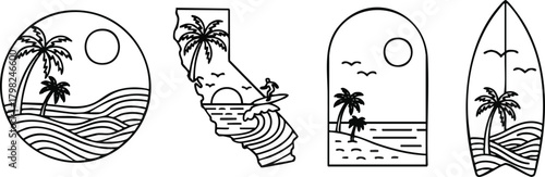 Collection of minimalist line art icons depicting tropical beach scenes with palm trees and waves, including California outline and surfboard motifs