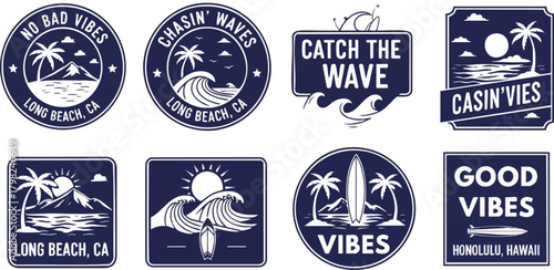 Collection of retro blue and white graphic emblems featuring surfing, beach scenes, palm trees, waves, and inspirational phrases like 'Good Vibes' and 'Catch the Wave' for t-shirt design or travel