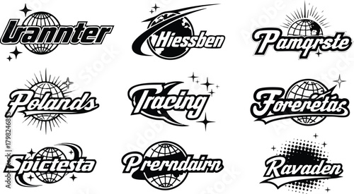 Collection of various logos featuring globe designs and stylized lettering