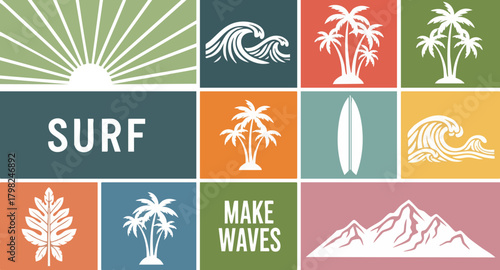 Collection of vibrant, flat design icons representing surfing, beach life, travel, and summer adventure themes