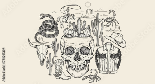 Detailed black and white illustration of Western and desert iconography, featuring a skull planter with cacti, snake, scorpion, and cowboy gear