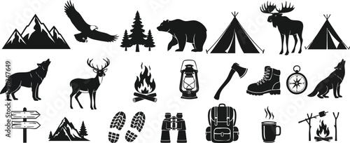 Essential black and white silhouette icons for outdoor adventure and wilderness themes. Features mountains, diverse wildlife, and camping equipment