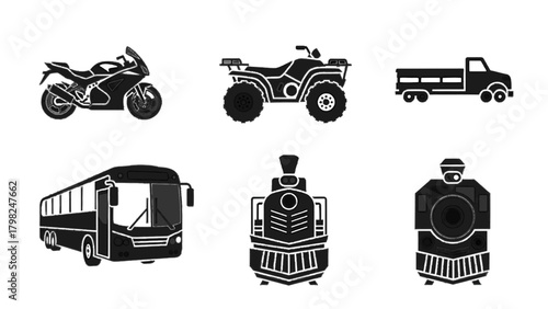 Vector illustration of collection of six different vehicle icons isolated on transparent background on a transparent background