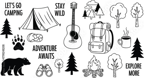 Hand-drawn camping and outdoor adventure icons set on a white background