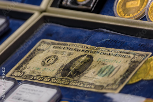 Rare five hundred dollar bill at a Grand Bazaar antique shop in Istanbul, Turkey