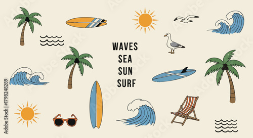Hand-drawn set of cartoon surf icons including palm trees, waves, sun, surfboards, seagulls, and sunglasses on a beige background