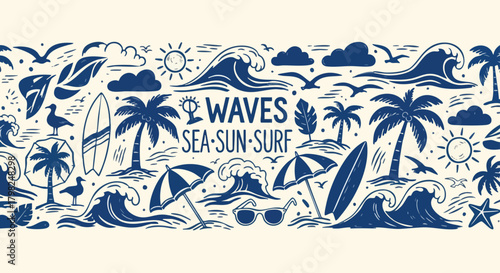 Hand-drawn seamless pattern of summer beach icons. This retro doodle includes waves, sun, surfboards, and palm trees for a tropical vacation feel