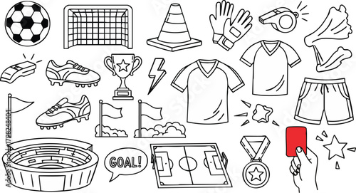 Hand-drawn vector doodle set of soccer and football equipment icons. Includes ball, goal net, stadium, jersey, trophy, and referee card