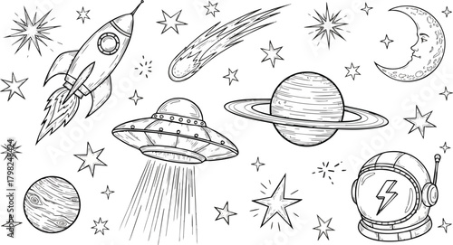 Hand-drawn vector set of cosmic elements, including a flying rocket, UFO, Saturn, Jupiter, moon, stars, and an astronaut helmet