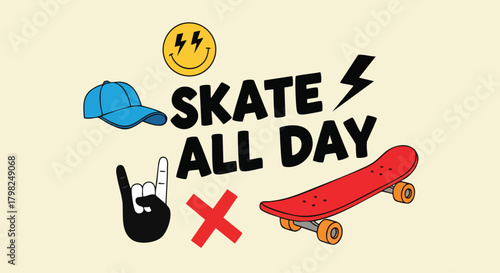 Illustration of skateboard related elements including a skateboard, a cap, a smiley face, a hand gesture and the text "Skate All Day