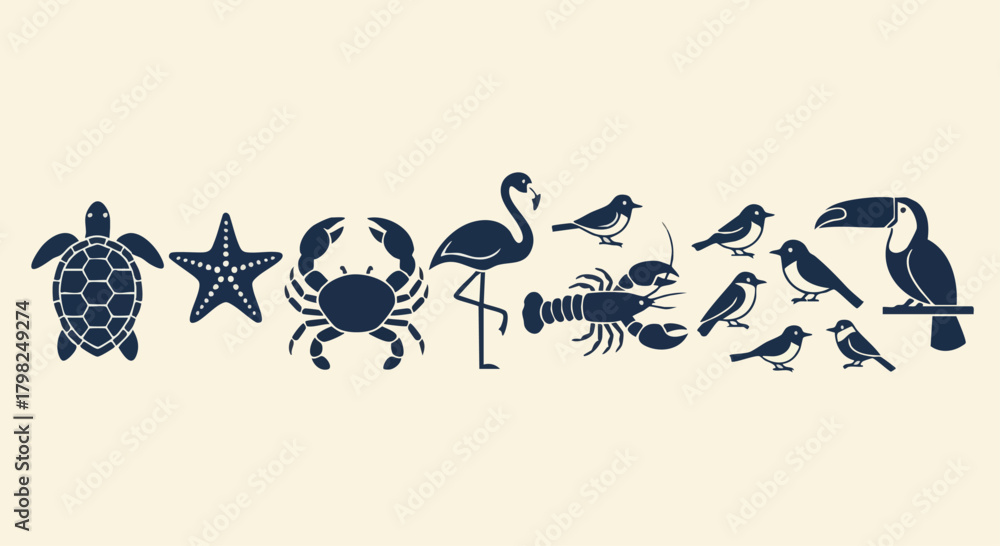 Obraz premium Minimalist vector silhouettes of diverse tropical and marine wildlife. Features sea creatures and exotic birds. Great for nature or travel design